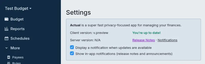 Image of Settings top pf page