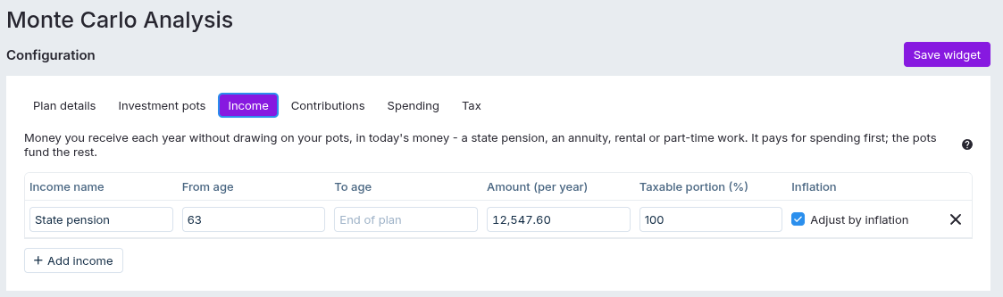 The Income tab