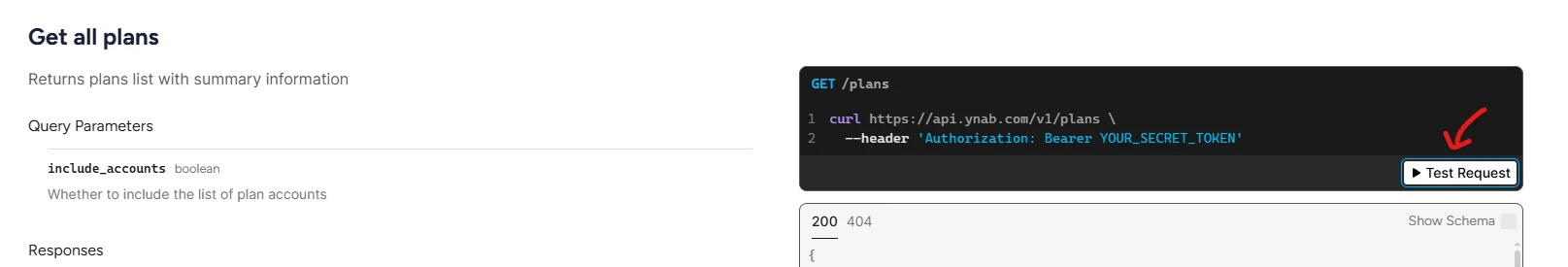 The YNAB API documentation showing the Get All Plans endpoint
