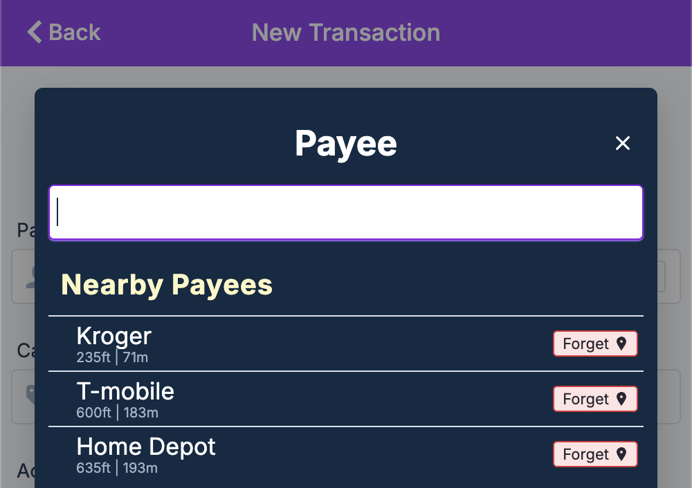 The Nearby Payees section in the payee autocomplete, with a Forget button beside each payee
