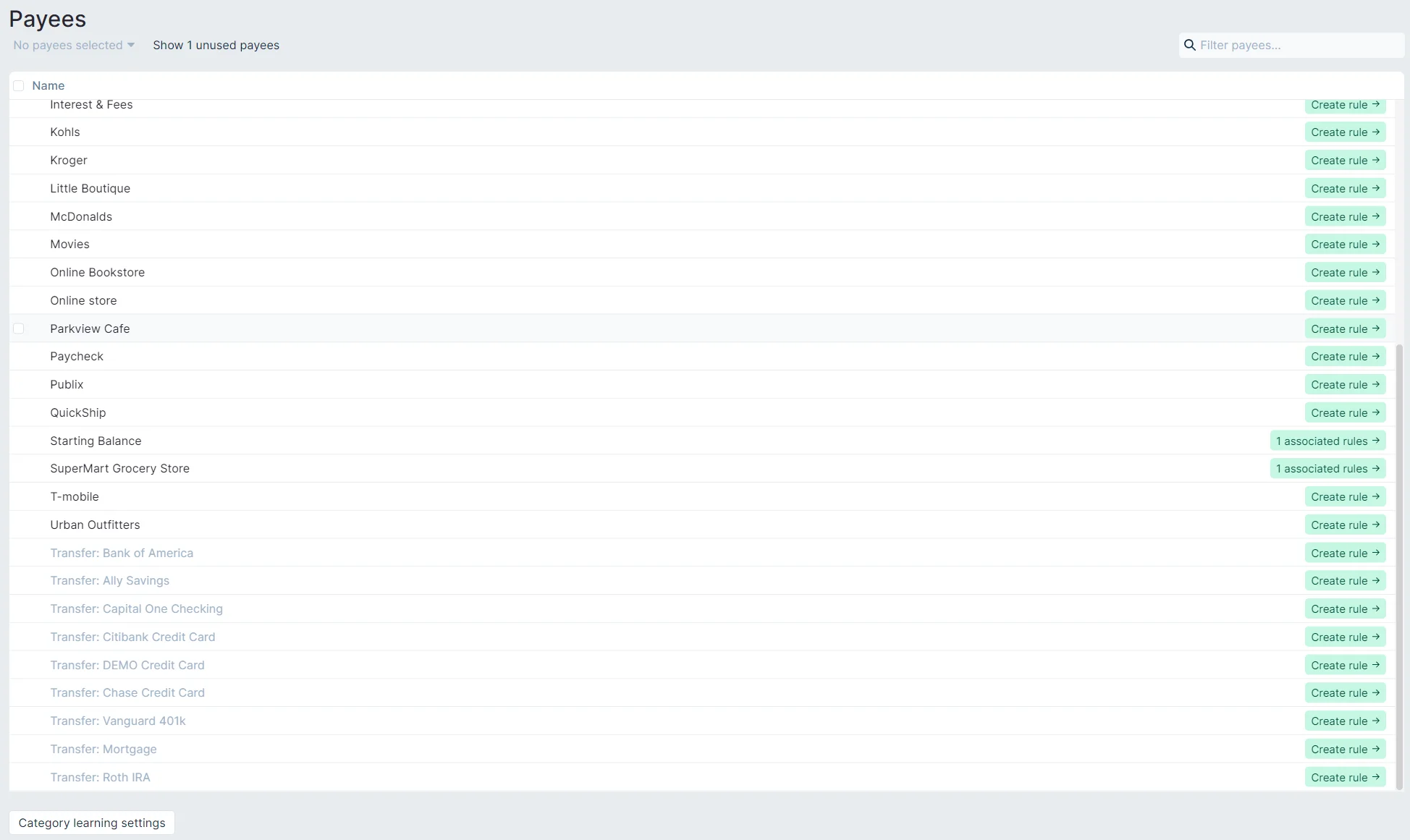 Image of Payee Page with transfers
