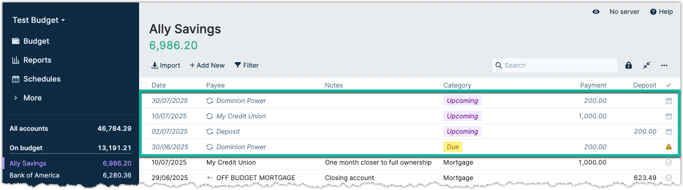 Account Register View with future schedules
