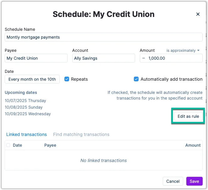 Example of editing a schedule