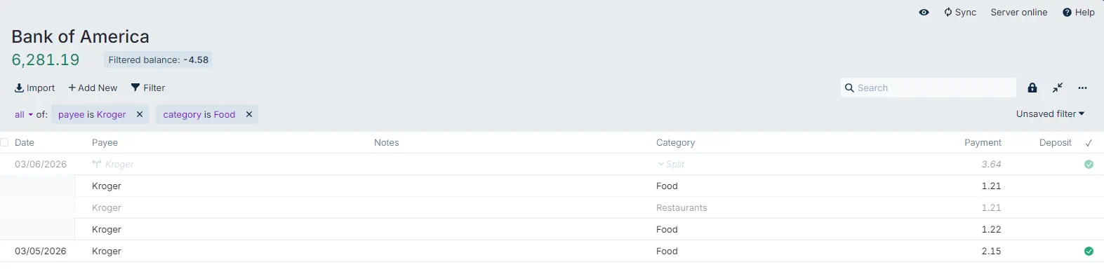 Filtering transactions