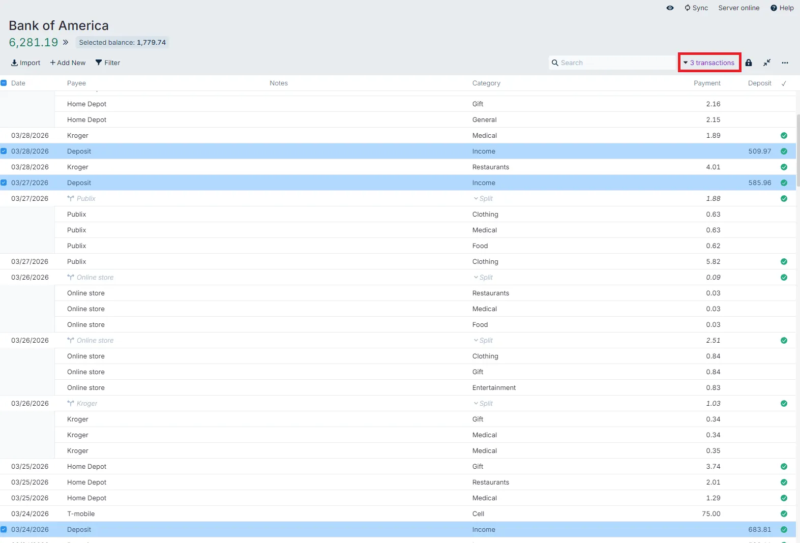 Selecting transactions
