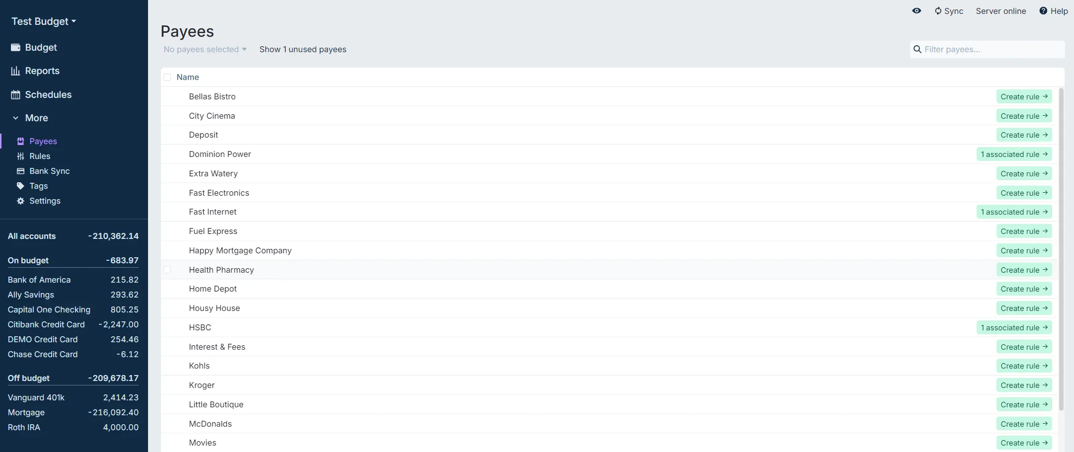 Payees overview