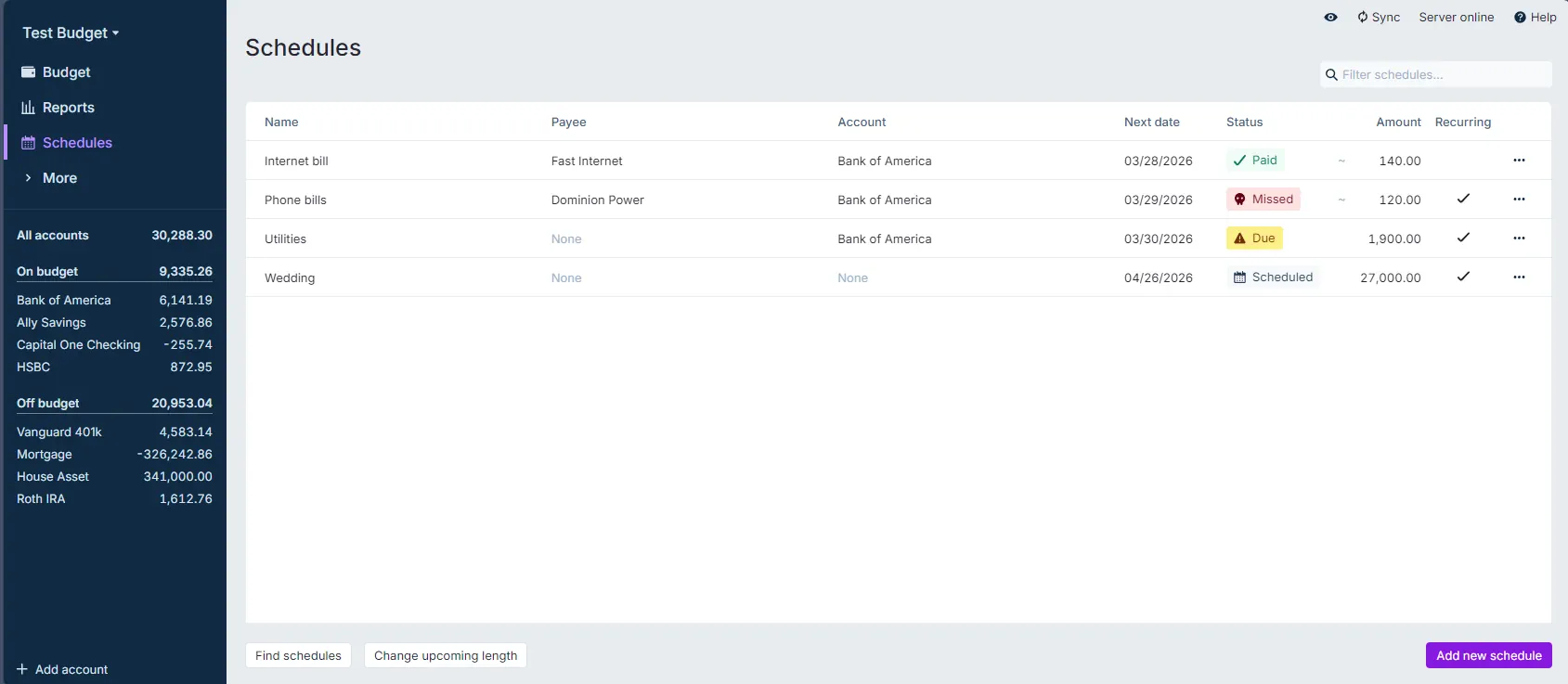 Overview of the schedule screen