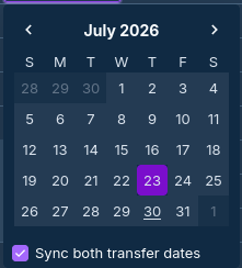 Date picker for a transfer with the Sync both transfer dates checkbox ticked